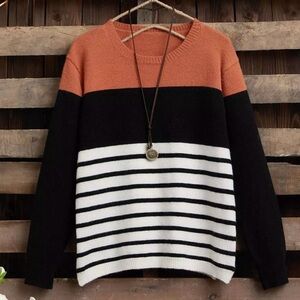 Emery Rose Orange and Black Striped Women's Sweater